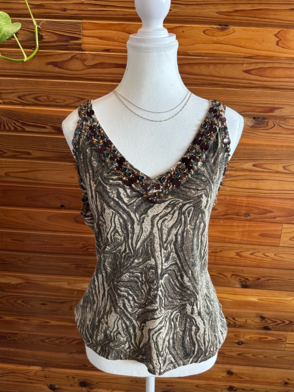 Beaded V-Neck Metallic Marble-Print Camisole - Gold/Black